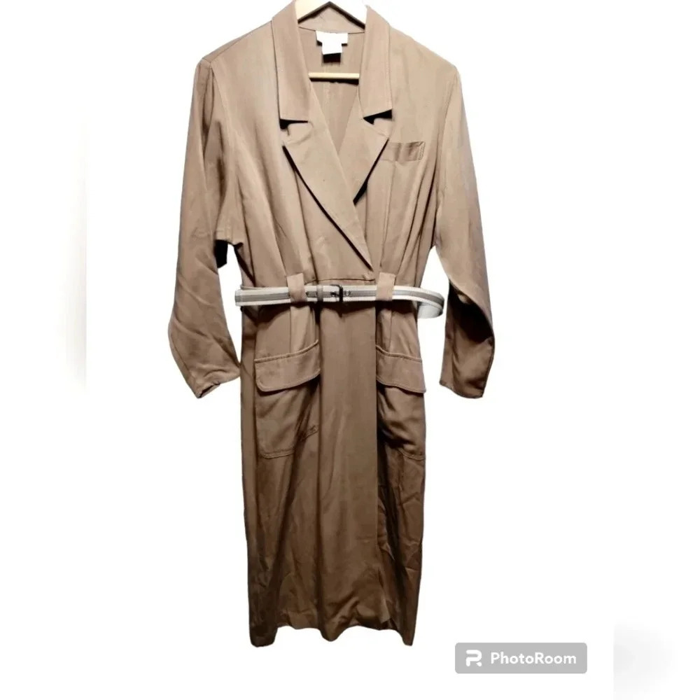 Vintage Ambria 100% Rayon Trench Coat Dress Tan Belted Maxi Duster Jacket 12